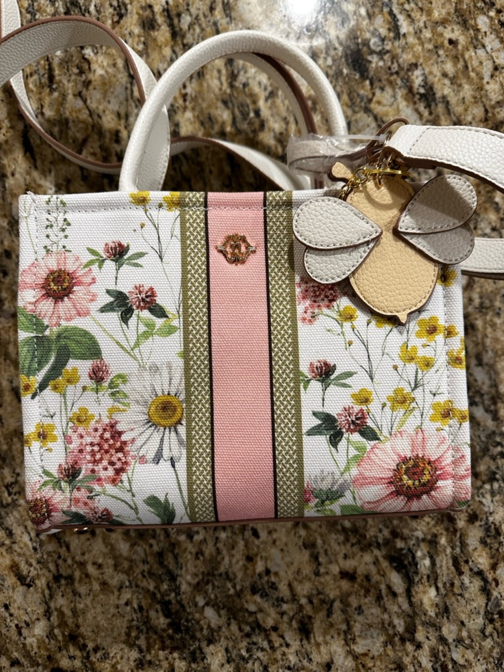 Nanette Lepore White Floral Satchel with Pink and Green Stripe
